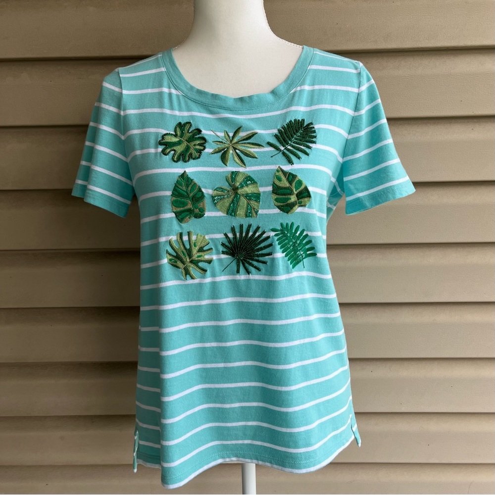 •Talbots• Short Sleeved Embroidered/Beaded Plant Design Top - Size Small